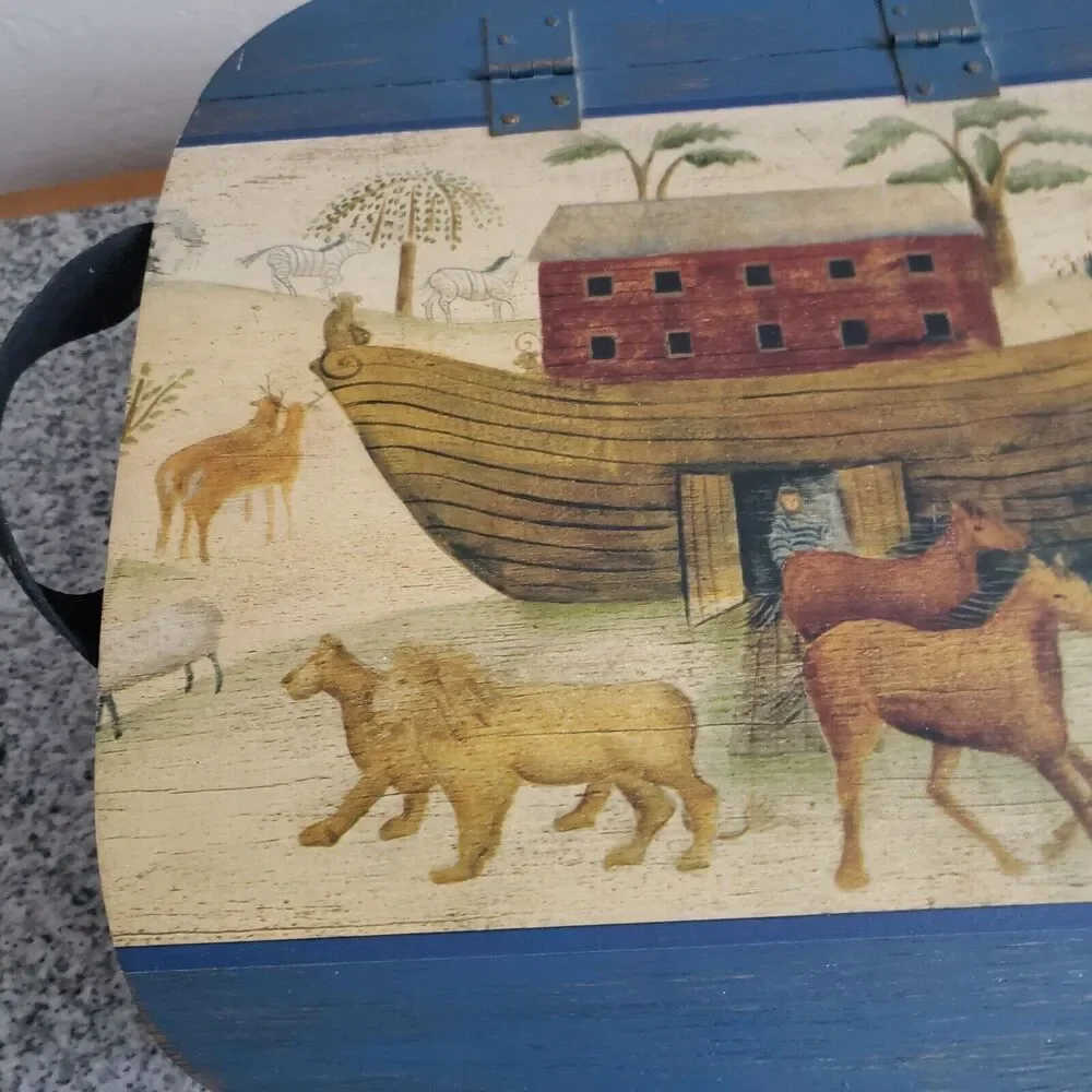 VTG Woven Wood Decoupage‎ Noah's Ark Lid w/Handles Hinge Top Home Décor Basket
